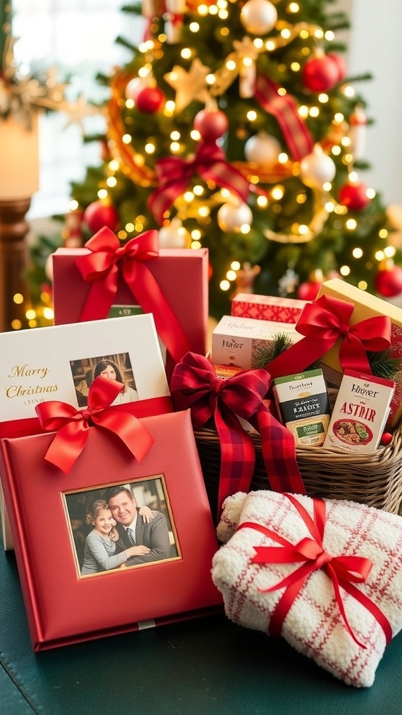 A collection of thoughtfully wrapped Christmas gifts with a decorated tree in the background.